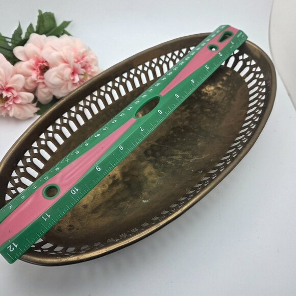 Vintage Brass Oval Shaped Bowl Vanity Tray  Reticulated Design Footed MCM - Picture 10 of 12